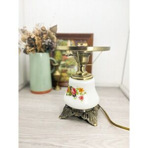 Vintage Floral Porcelain Table Lamp - Brass Base - Milk Glass Globe